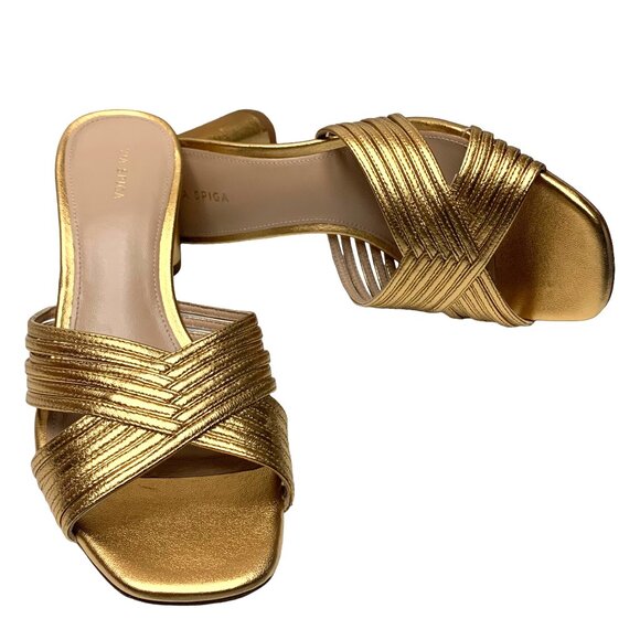 Via Spiga‎ Rafaela Gold Leather Block Heel Slide Sandals  NWOB - Picture 1 of 11